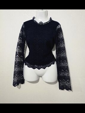 Miss Chievous Navy Lace Peplum Long-Sleeve Top Size-Medium